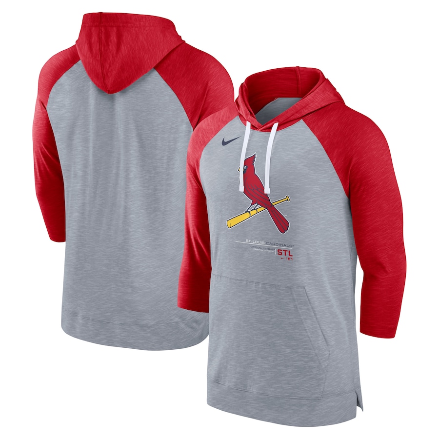 Men's St. Louis Cardinals Nike Heather Gray/Heather Red Baseball Raglan 3/4-Sleeve Pullover Hoodie Men's St. Louis Cardinals Nike Heather Gray/Heather Red Baseball Raglan 3/4-Sleeve Pullover Hoodie
