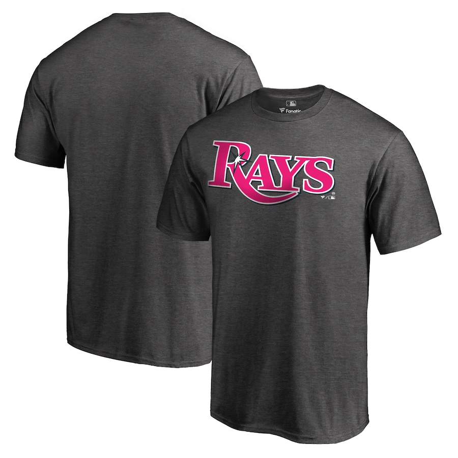 Men's Tampa Bay Rays Heather Gray 2019 Mother's Day Pink Wordmark T-Shirt Men's Tampa Bay Rays Heather Gray 2019 Mother's Day Pink Wordmark T-Shirt