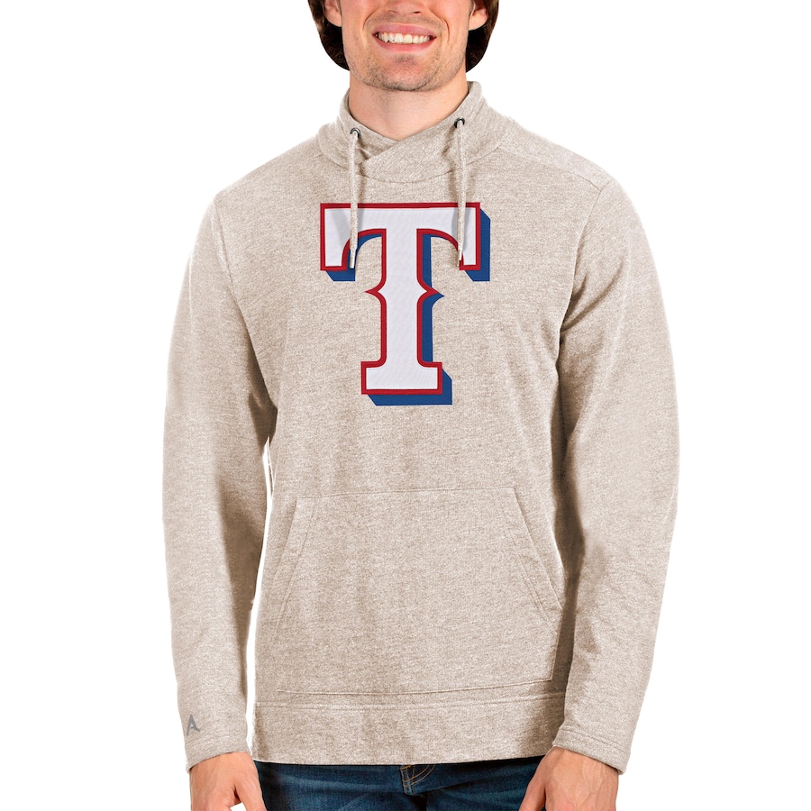 Men's Texas Rangers Antigua Oatmeal Reward Pullover Sweatshirt