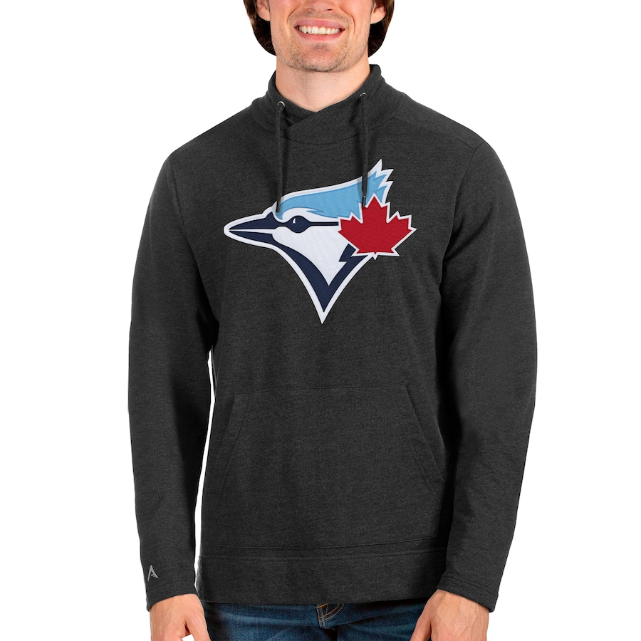 Men's Toronto Blue Jays Antigua Heathered Black Reward Pullover Sweatshirt Men's Toronto Blue Jays Antigua Heathered Black Reward Pullover Sweatshirt