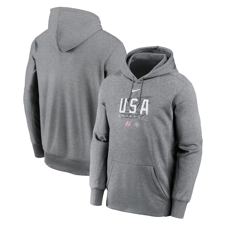 Men's USA Baseball Nike Heather Gray 2023 World Baseball Classic Dugout Therma Performance Pullover Hoodie Men's USA Baseball Nike Heather Gray 2023 World Baseball Classic Dugout Therma Performance Pullover Hoodie