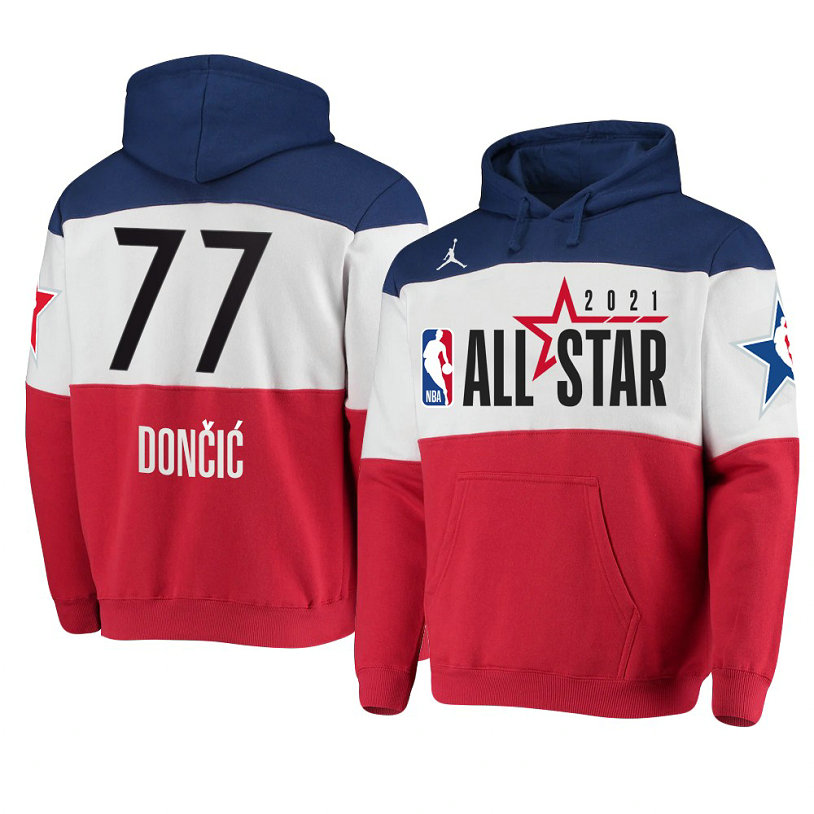 Luka Doncic 2021 NBA All-Star Game Official Logo Colorblock Hoodie Royal/Red Luka Doncic 2021 NBA All-Star Game Official Logo Colorblock Hoodie Royal/Red