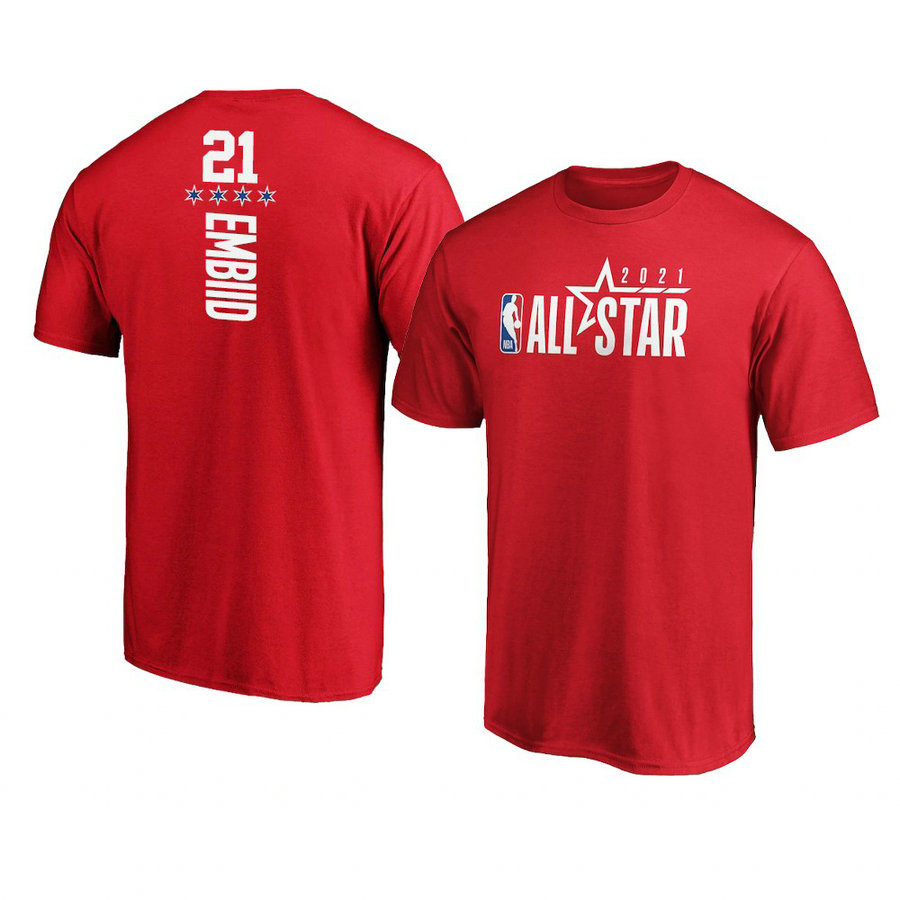 Philadelphia 76ers Joel Embiid 2021 NBA All-Star T-Shirt Red Philadelphia 76ers Joel Embiid 2021 NBA All-Star T-Shirt Red