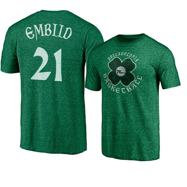 Philadelphia 76ers Joel Embiid 2021 St. Paddy's Day Celtic T-Shirt Heather Green Philadelphia 76ers Joel Embiid 2021 St. Paddy's Day Celtic T-Shirt Heather Green