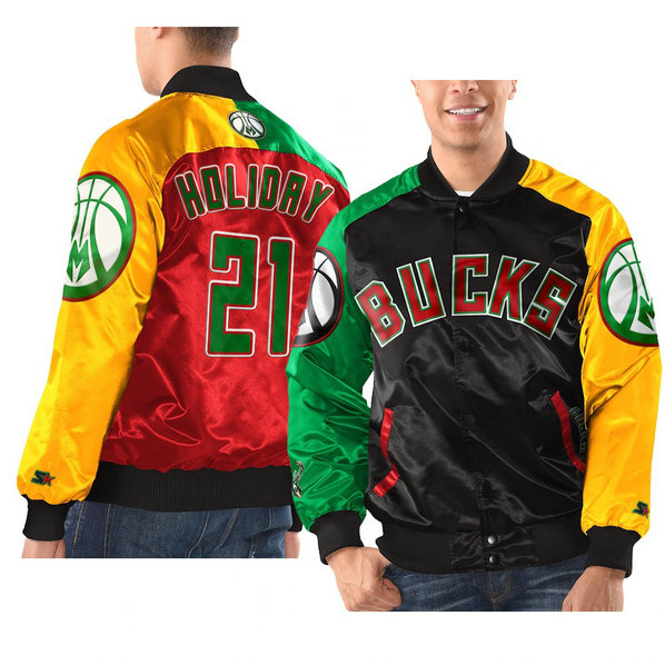 Milwaukee Bucks Jrue Holiday 2021 Black History Month Starter x Ty Mopkins Jacket Black Red