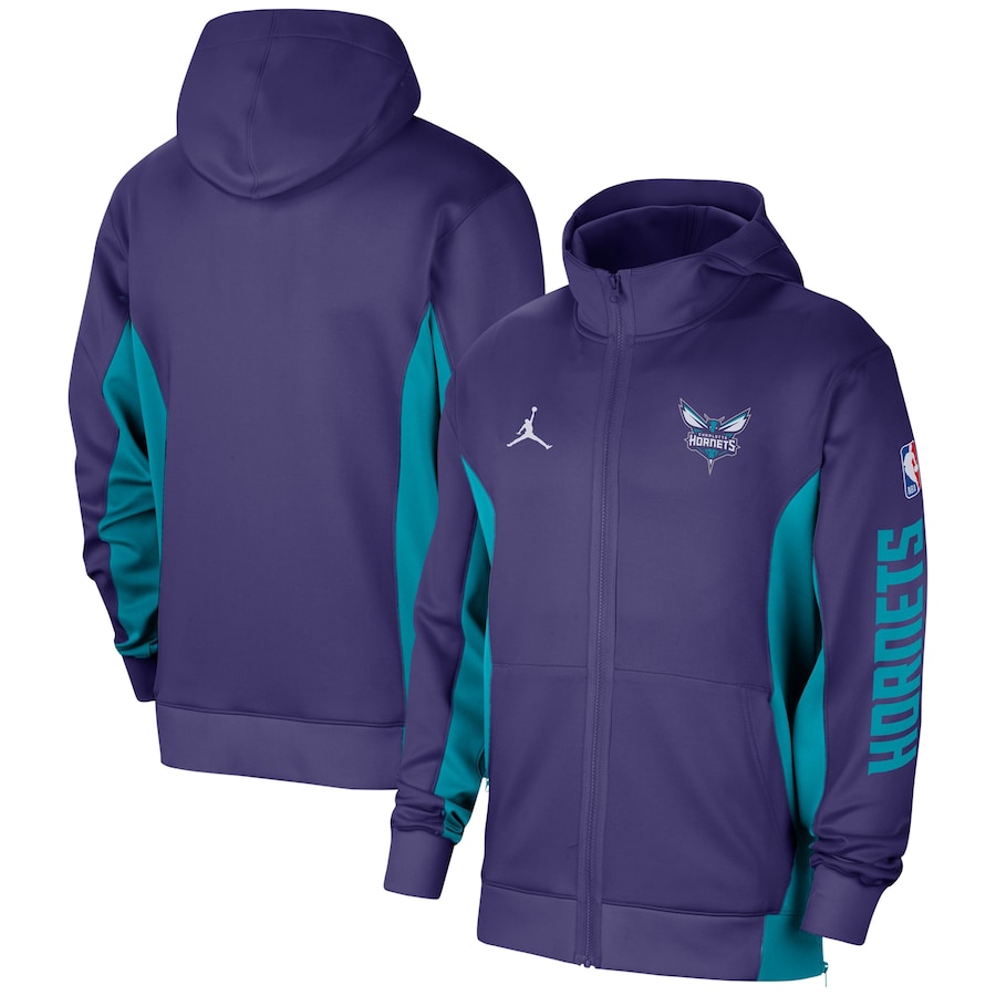 Men's Charlotte Hornets Jordan Brand Purple 2023/24 Authentic Showtime Performance Full-Zip Hoodie Men's Charlotte Hornets Jordan Brand Purple 2023/24 Authentic Showtime Performance Full-Zip Hoodie