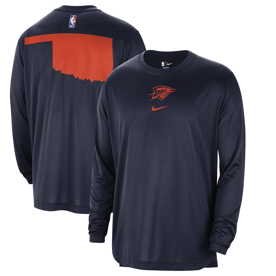 Men's Oklahoma City Thunder Navy 2023/24 City Edition Authentic Pregame Performance Long Sleeve Shooting Nike T-Shirt Men's Oklahoma City Thunder Navy 2023/24 City Edition Authentic Pregame Performance Long Sleeve Shooting Nike T-Shirt
