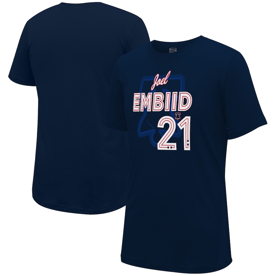 Men's Philadelphia 76ers Joel Embiid Stadium Essentials Navy 2023/24 City Edition Player Graphic T-Shirt