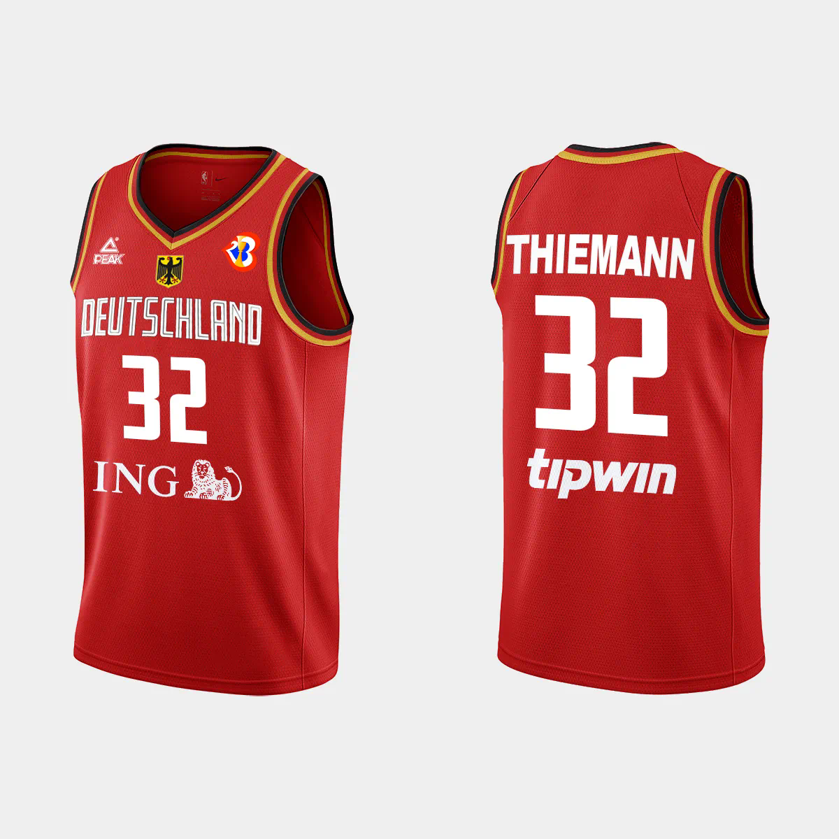 Johannes Thiemann Germany Basketball 2023 FIBA World Cup Red Away Jersey Johannes Thiemann Germany Basketball 2023 FIBA World Cup Red Away Jersey