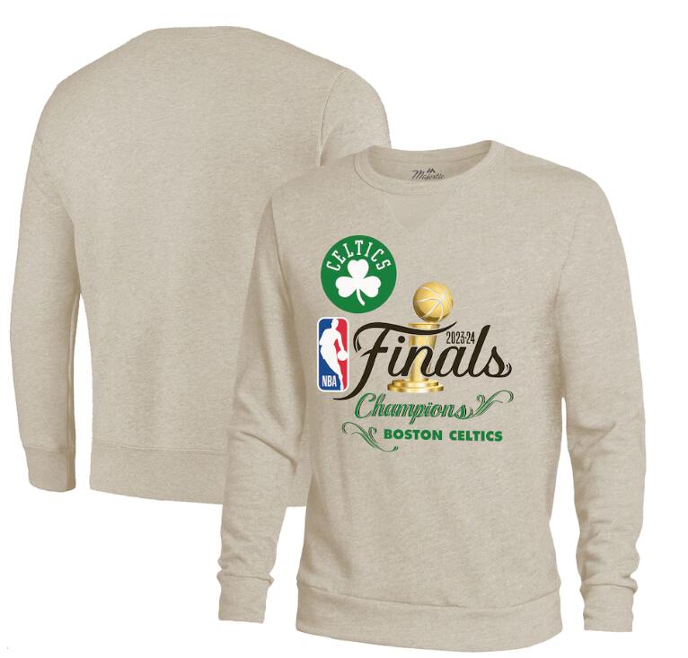 Men's Boston Celtics Majestic Threads Cream 2024 NBA Finals Champions Tri-Blend Pullover Sweatshirt