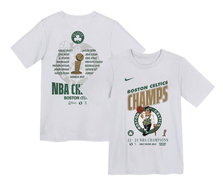 Preschool Boston Celtics Nike White 2024 NBA Finals Champions Celebration Roster T-Shirt