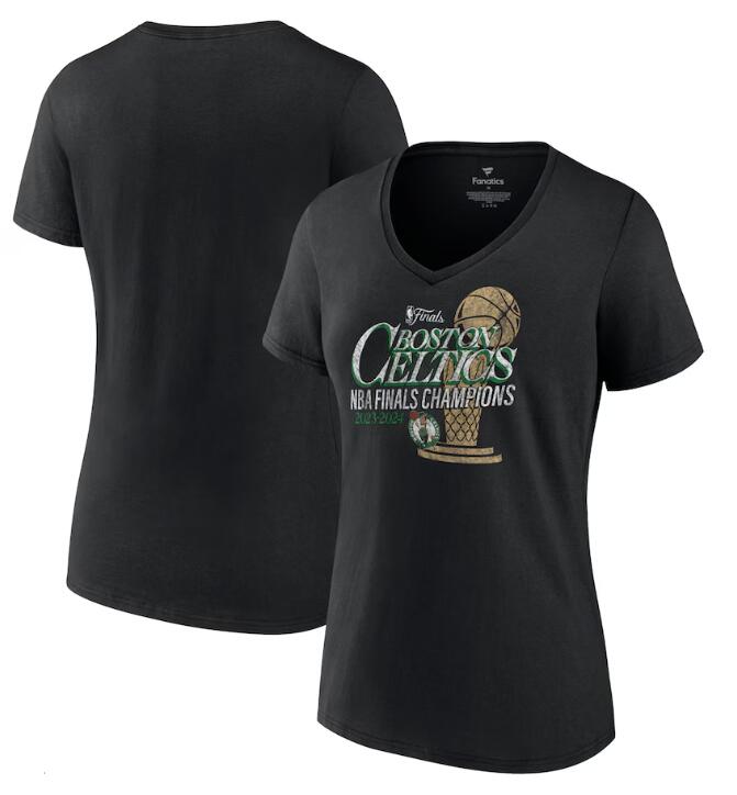 Women's Boston Celtics Black 2024 NBA Finals Champions Fast Break Finish Trophy V-Neck T-Shirt