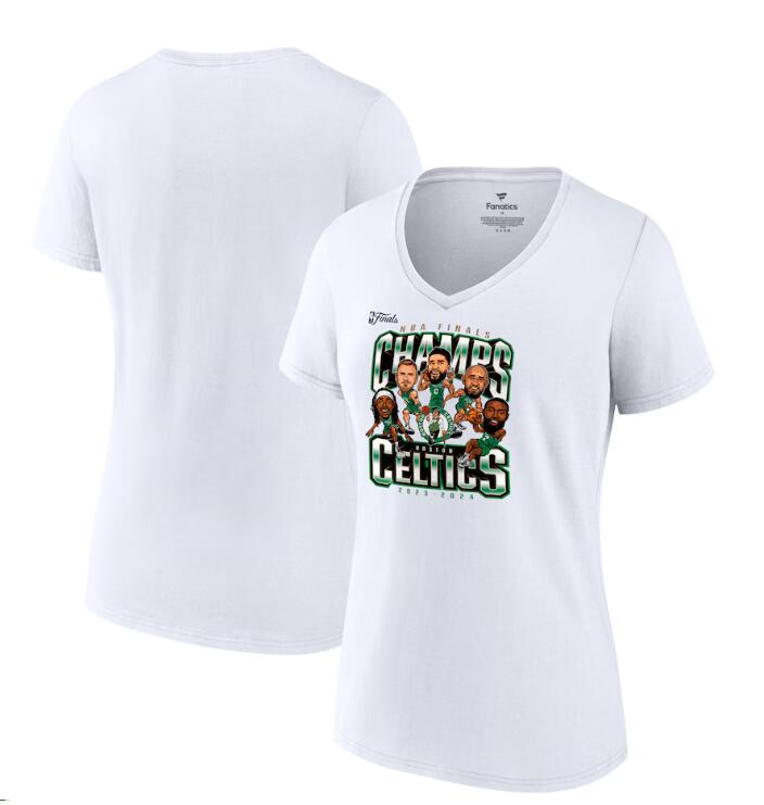 Women's Boston Celtics White 2024 NBA Finals Champions Pull Up Jumper Caricature V-Neck T-Shirt