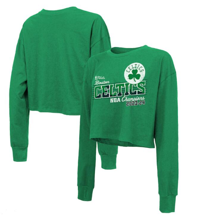 Women's Boston Celtics Majestic Threads Kelly Green 2024 NBA Finals Champions Cropped Long Sleeve T-Shirt