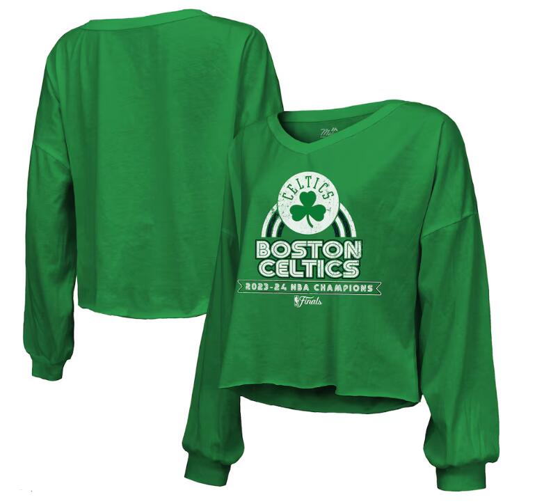 Women's Boston Celtics Majestic Threads Kelly Green 2024 NBA Finals Champions Off-Shoulder Long Sleeve T-Shirt
