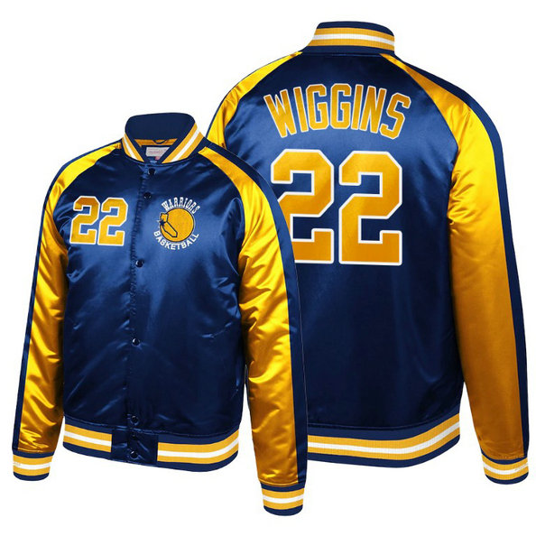 Warriors Andrew Wiggins Hardwood Classics Colorblock Satin Navy Jacket Warriors Andrew Wiggins Hardwood Classics Colorblock Satin Navy Jacket