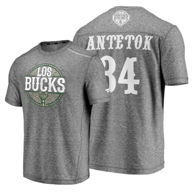 Giannis Antetokounmpo #34 Bucks 2020 Latin Night Heathered Gray T-Shirt Giannis Antetokounmpo #34 Bucks 2020 Latin Night Heathered Gray T-Shirt