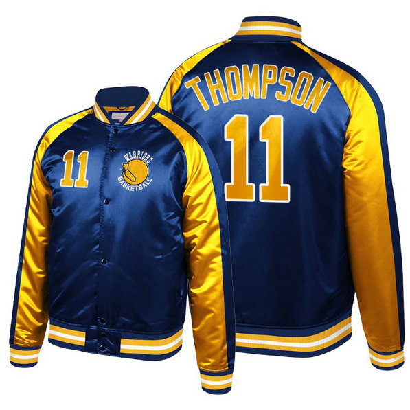 Warriors Klay Thompson Hardwood Classics Colorblock Satin Navy Jacket Warriors Klay Thompson Hardwood Classics Colorblock Satin Navy Jacket