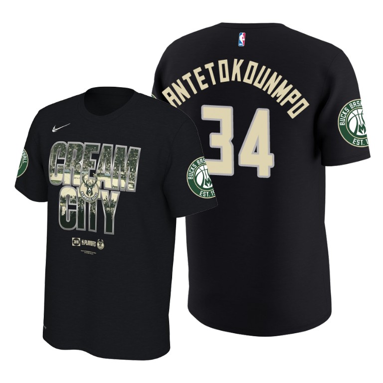 Milwaukee Bucks Giannis Antetokounmpo Black 2019 NBA Playoffs T-Shirt Milwaukee Bucks Giannis Antetokounmpo Black 2019 NBA Playoffs T-Shirt