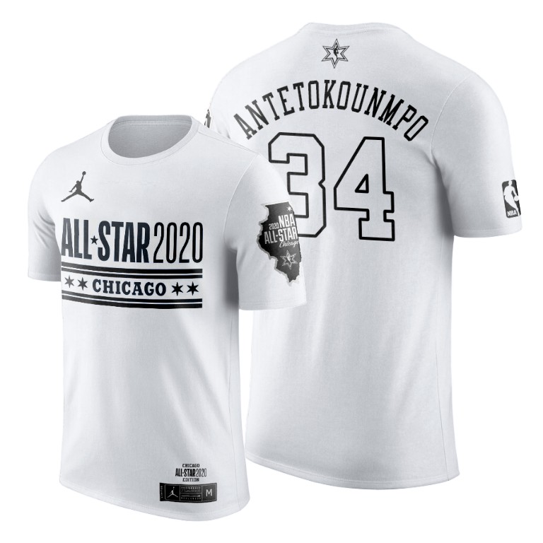 Milwaukee Bucks Giannis Antetokounmpo 2020 NBA All-Star Game Official Logo White T-Shirt Milwaukee Bucks Giannis Antetokounmpo 2020 NBA All-Star Game Official Logo White T-Shirt