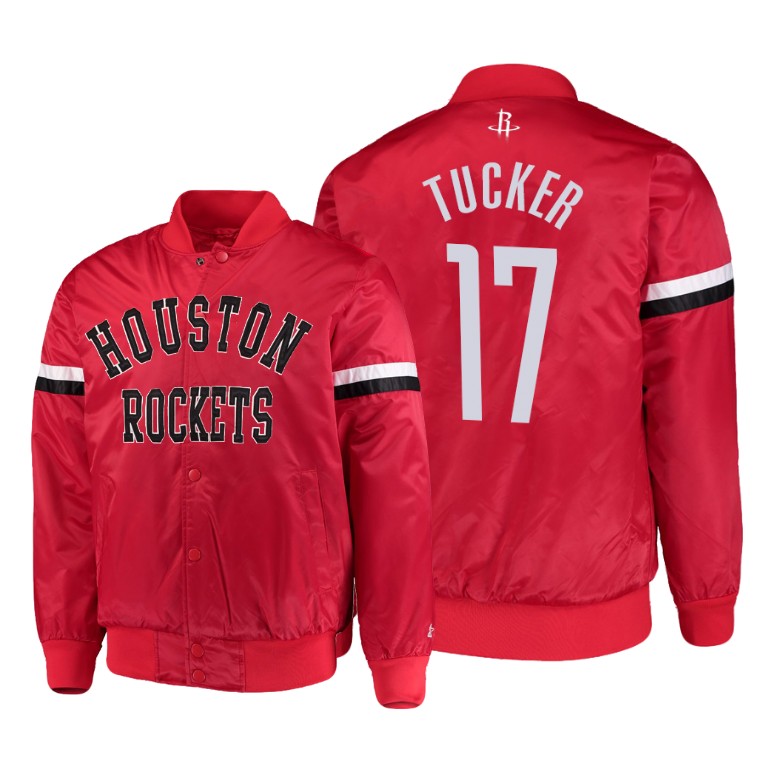 Houston Rockets #17 P.J. Tucker The Champ Varsity Satin Red Jacket Houston Rockets #17 P.J. Tucker The Champ Varsity Satin Red Jacket