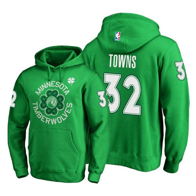 Minnesota Timberwolves #32 Karl-Anthony Towns St. Patrick's Day Pullover Hoodie - Green Minnesota Timberwolves #32 Karl-Anthony Towns St. Patrick's Day Pullover Hoodie - Green