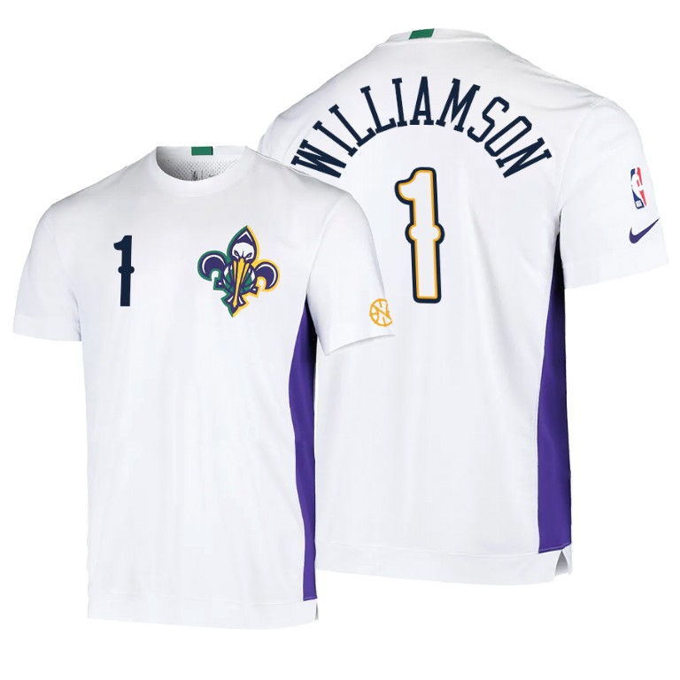 Zion Williamson #1 Pelicans 2020 City Edition 2.0 Shooting White T-Shirt Zion Williamson #1 Pelicans 2020 City Edition 2.0 Shooting White T-Shirt