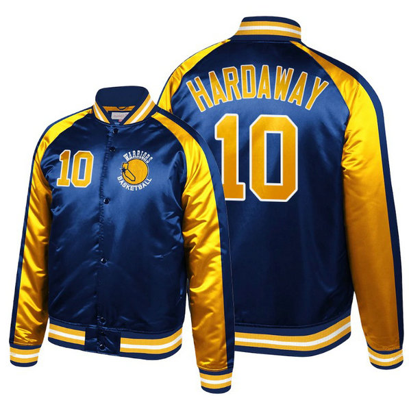 Warriors Tim Hardaway Hardwood Classics Colorblock Satin Navy Jacket Warriors Tim Hardaway Hardwood Classics Colorblock Satin Navy Jacket