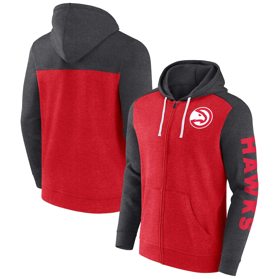 Men's Atlanta Hawks Heather Red/Heather Charcoal Down and Distance Full-Zip Hoodie Men's Atlanta Hawks Heather Red/Heather Charcoal Down and Distance Full-Zip Hoodie