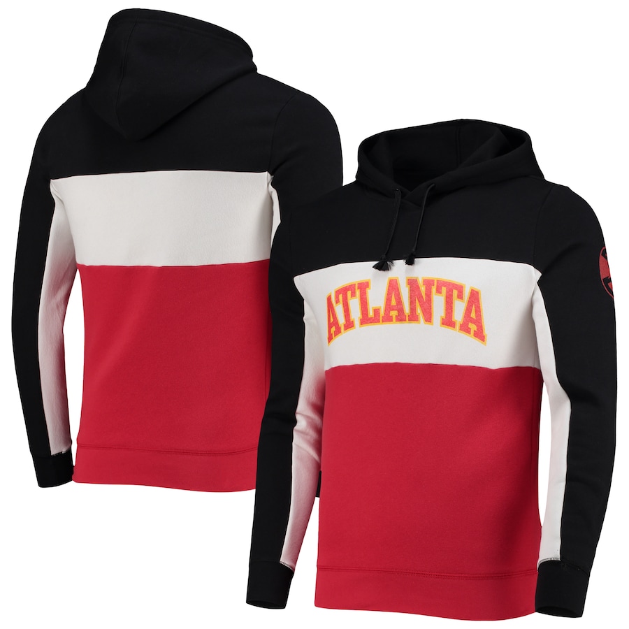Men's Atlanta Hawks Junk Food Black/White Wordmark Colorblock Fleece Pullover Hoodie Men's Atlanta Hawks Junk Food Black/White Wordmark Colorblock Fleece Pullover Hoodie