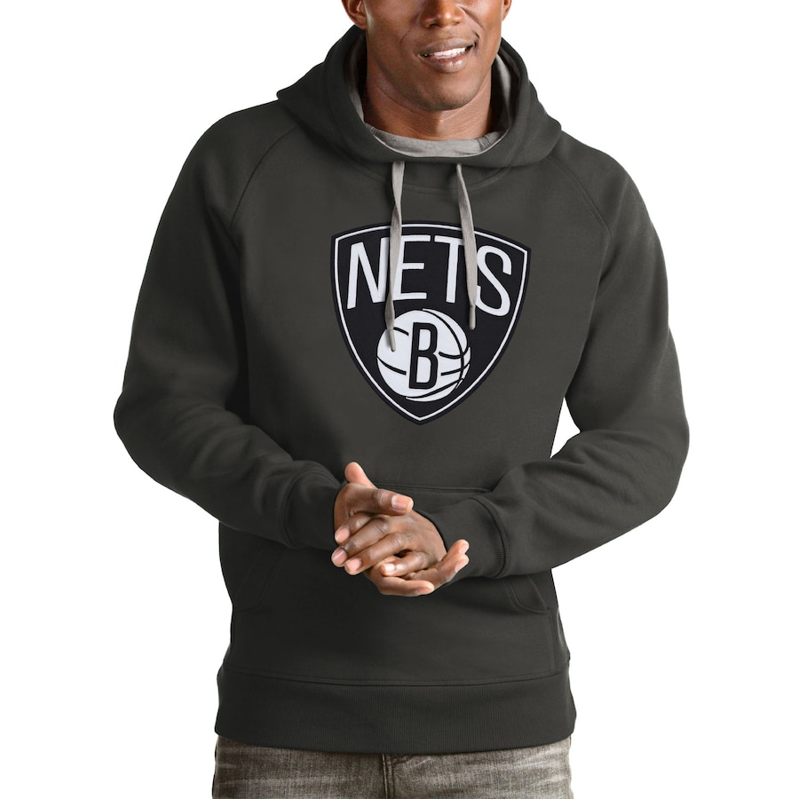 Men's Brooklyn Nets Antigua Charcoal Logo Victory Pullover Hoodie Men's Brooklyn Nets Antigua Charcoal Logo Victory Pullover Hoodie