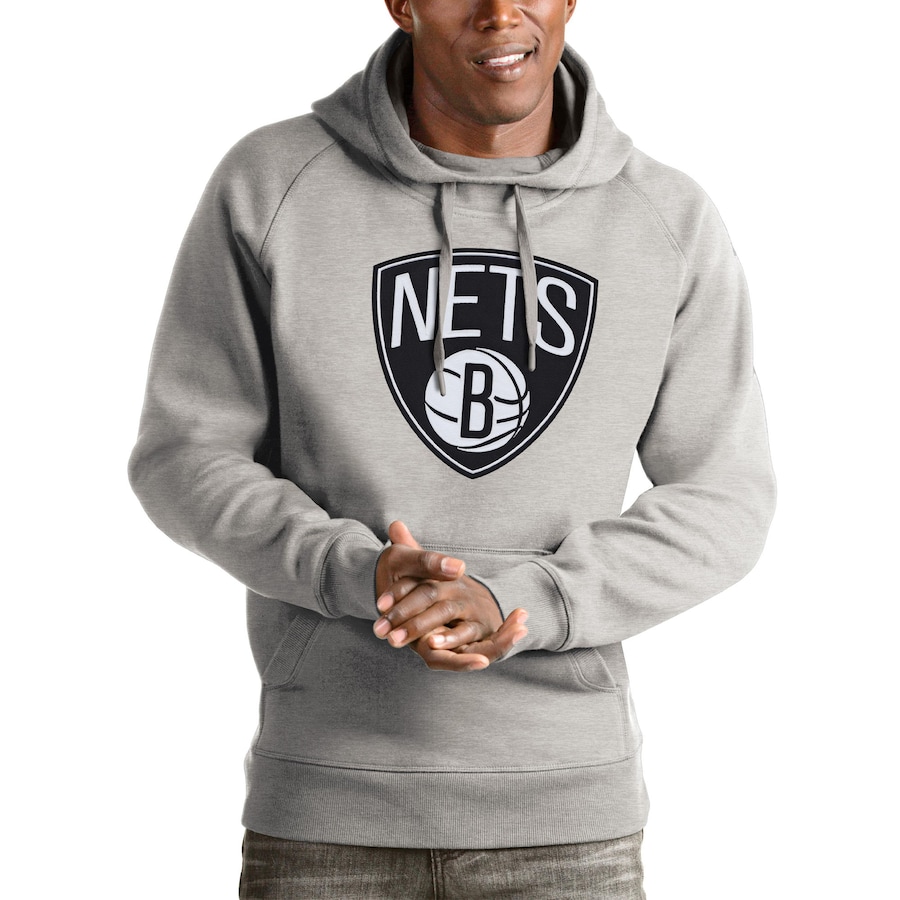 Men's Brooklyn Nets Antigua Heathered Gray Logo Victory Pullover Hoodie Men's Brooklyn Nets Antigua Heathered Gray Logo Victory Pullover Hoodie