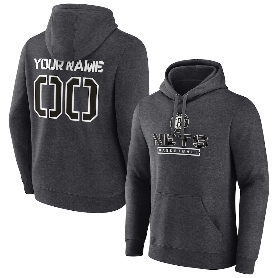 Men's Customize Brooklyn Nets Charcoal Personalized Evanston Stencil Pullover Hoodie