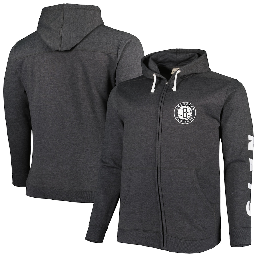 Men's Brooklyn Nets Heathered Black Big & Tall Down and Distance Full-Zip Hoodie