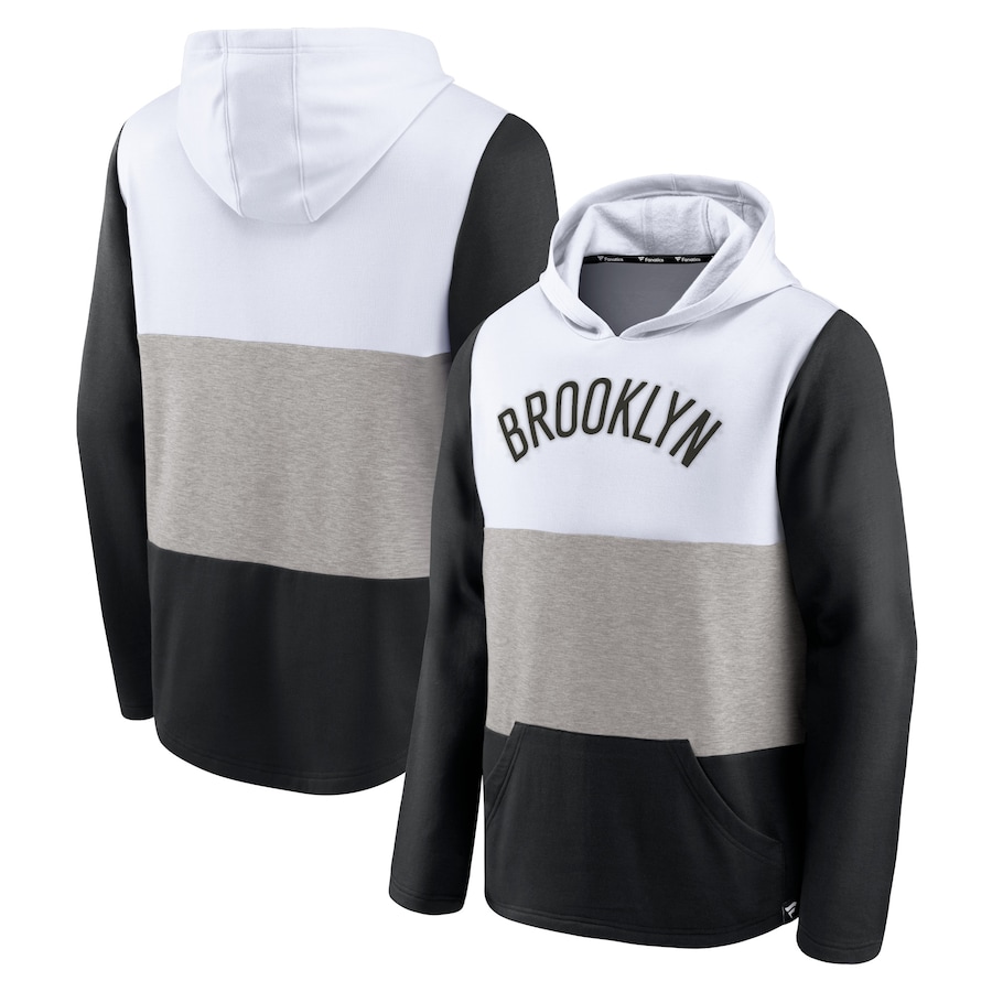 Men's Brooklyn Nets White/Black Linear Logo Comfy Colorblock Tri-Blend Pullover Hoodie