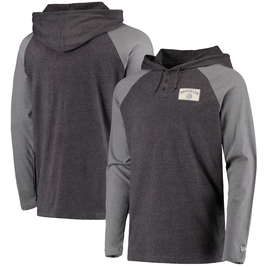 Men's Brooklyn Nets New Era Heathered Black Henley Raglan Hoodie
