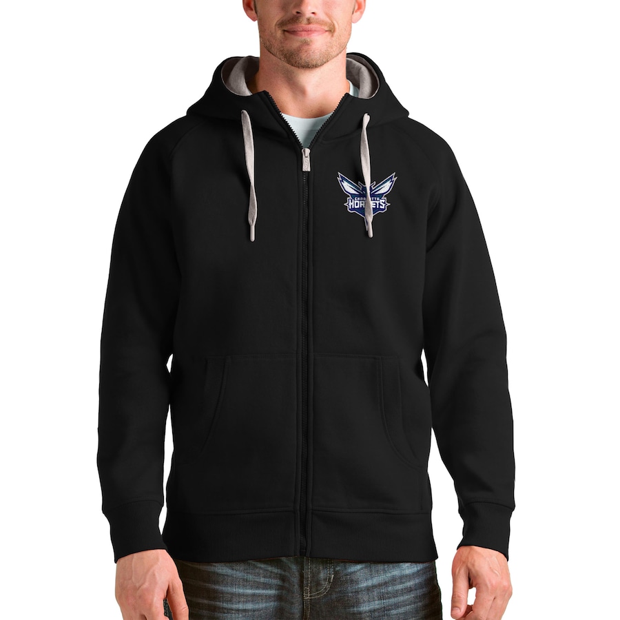 Men's Charlotte Hornets Antigua Black Logo Victory Full-Zip Hoodie