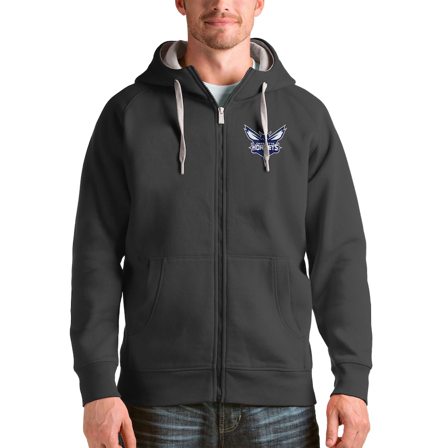 Men's Charlotte Hornets Antigua Charcoal Logo Victory Full-Zip Hoodie