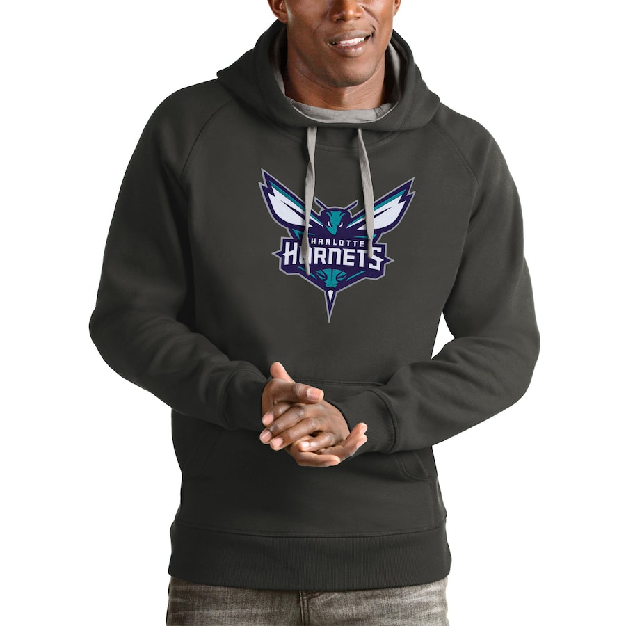 Men's Charlotte Hornets Antigua Charcoal Logo Victory Pullover Hoodie Men's Charlotte Hornets Antigua Charcoal Logo Victory Pullover Hoodie