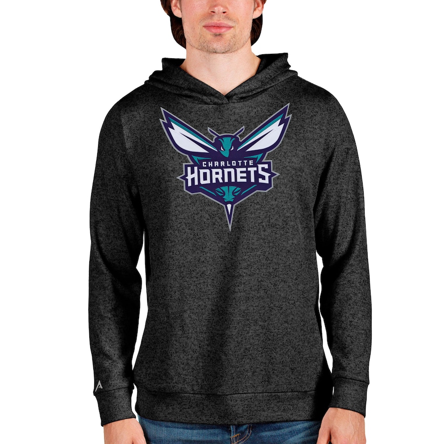 Men's Charlotte Hornets Antigua Heathered Black Logo Absolute Pullover Hoodie Men's Charlotte Hornets Antigua Heathered Black Logo Absolute Pullover Hoodie