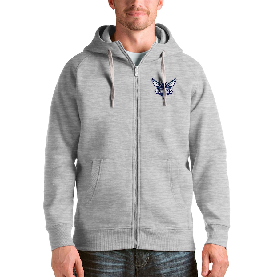 Men's Charlotte Hornets Antigua Heathered Gray Logo Victory Full-Zip Hoodie