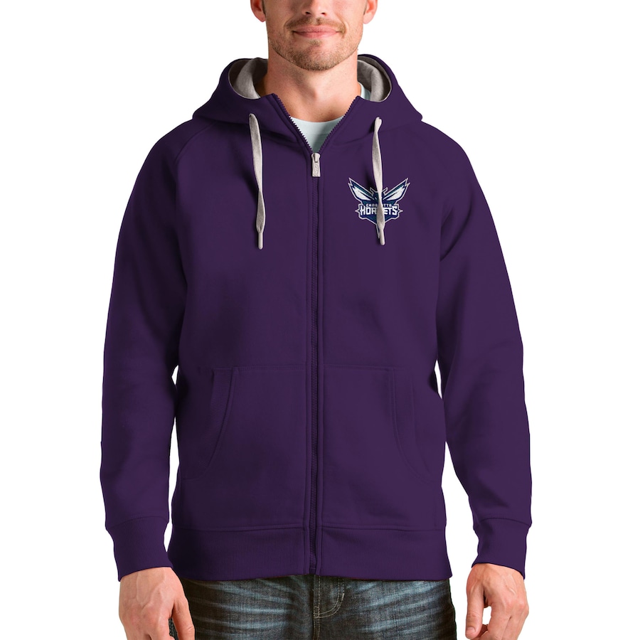 Men's Charlotte Hornets Antigua Purple Logo Victory Full-Zip Hoodie Men's Charlotte Hornets Antigua Purple Logo Victory Full-Zip Hoodie