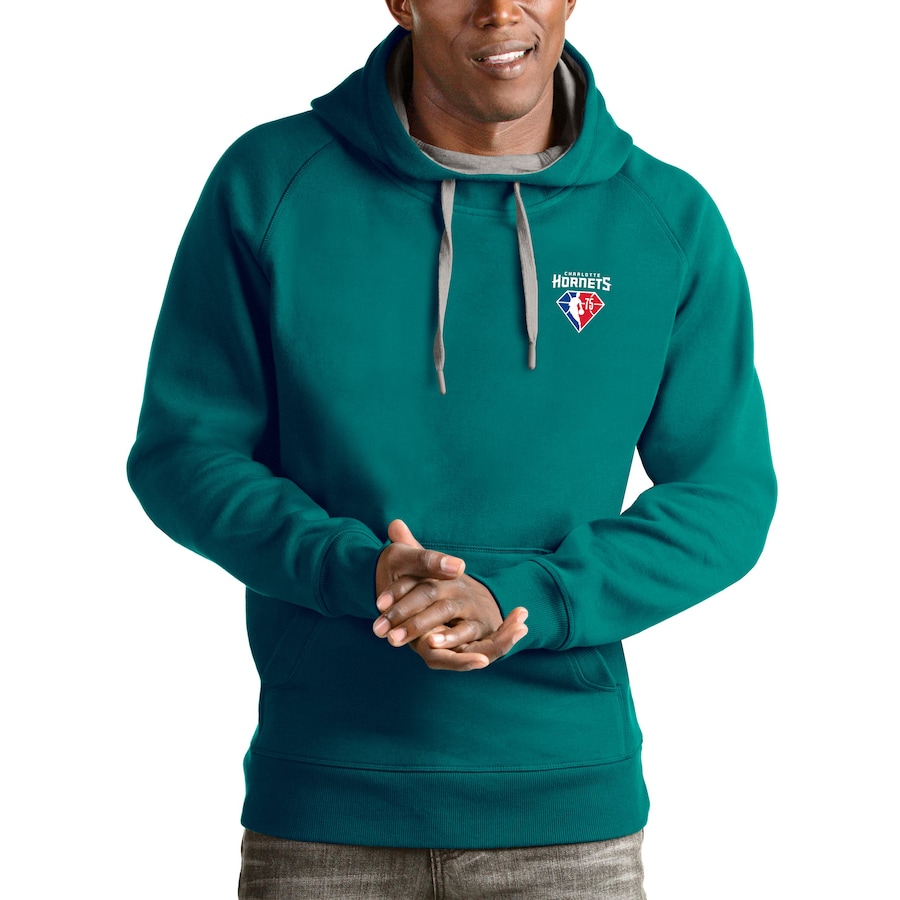Men's Charlotte Hornets Antigua Teal NBA 75th Anniversary Victory Pullover Hoodie Men's Charlotte Hornets Antigua Teal NBA 75th Anniversary Victory Pullover Hoodie