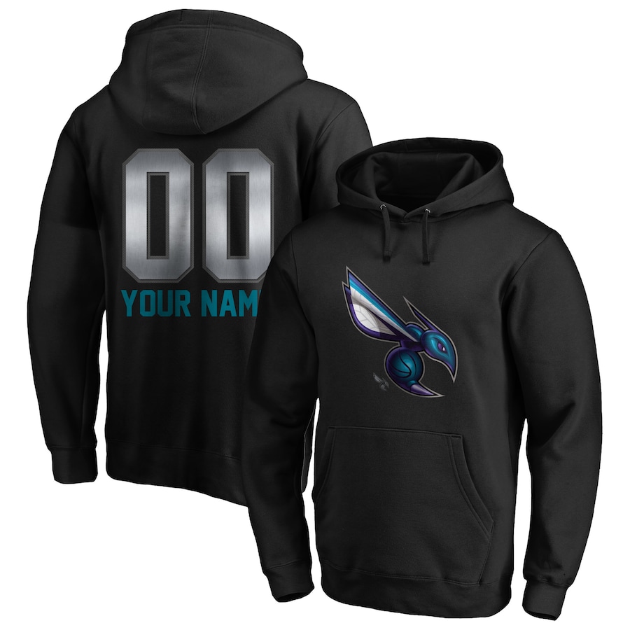 Men's Customize Charlotte Hornets Black Midnight Mascot Personalized Name & Number Pullover Hoodie