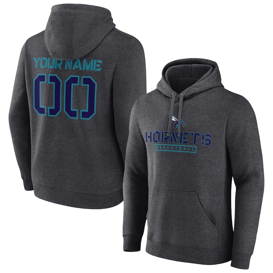 Men's Customize Charlotte Hornets Charcoal Personalized Evanston Stencil Pullover Hoodie Men's Customize Charlotte Hornets Charcoal Personalized Evanston Stencil Pullover Hoodie