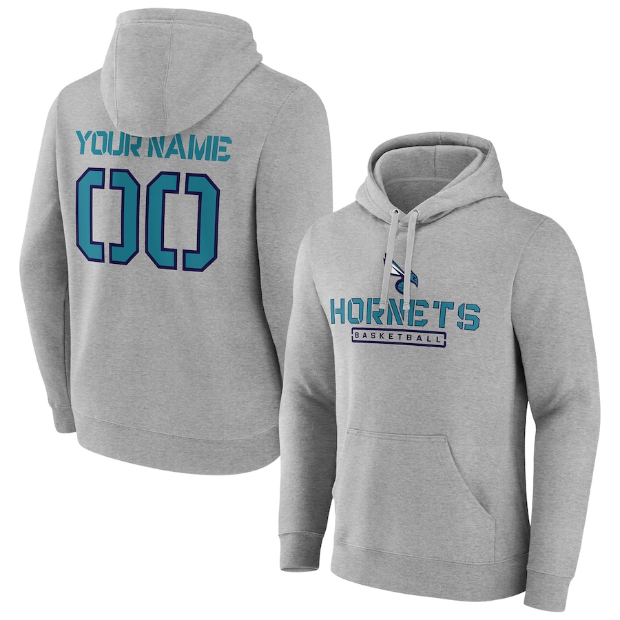 Men's Customize Charlotte Hornets Gray Personalized Evanston Stencil Pullover Hoodie
