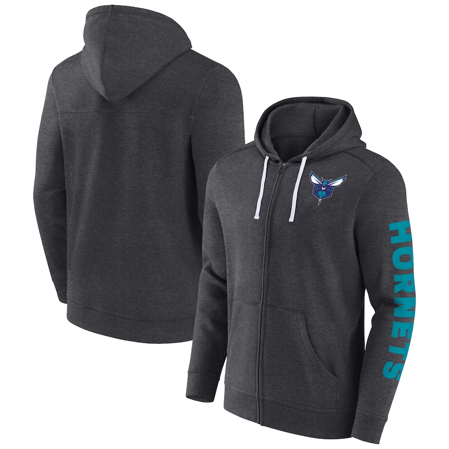 Men's Charlotte Hornets Heather Charcoal Down and Distance Full-Zip Hoodie