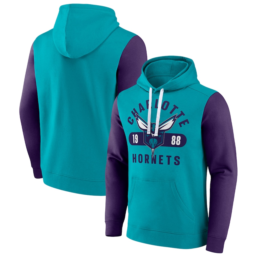 Men's Charlotte Hornets Teal/Purple Attack Colorblock Pullover Hoodie Men's Charlotte Hornets Teal/Purple Attack Colorblock Pullover Hoodie