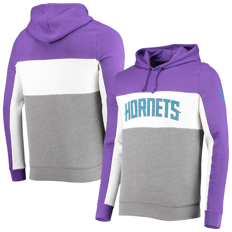 Men's Charlotte Hornets Junk Food Purple/White Wordmark Colorblock Fleece Pullover Hoodie Men's Charlotte Hornets Junk Food Purple/White Wordmark Colorblock Fleece Pullover Hoodie