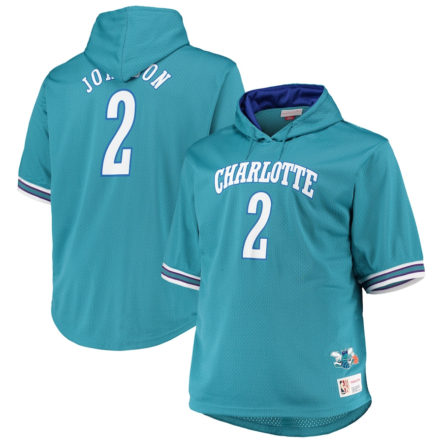 Men's Charlotte Hornets Larry Johnson Mitchell & Ness Teal/Purple Big & Tall Name & Number Short Sleeve Hoodie